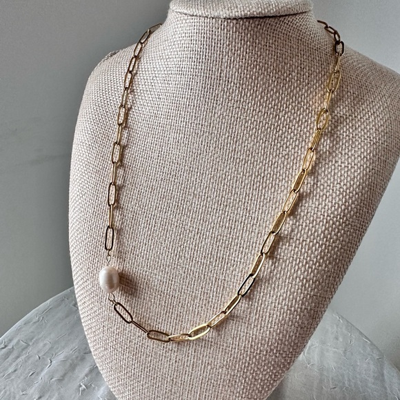 18K GOLD PLATED PAPERCLIP SINGLE REAL PEARL 18” - Picture 5 of 7